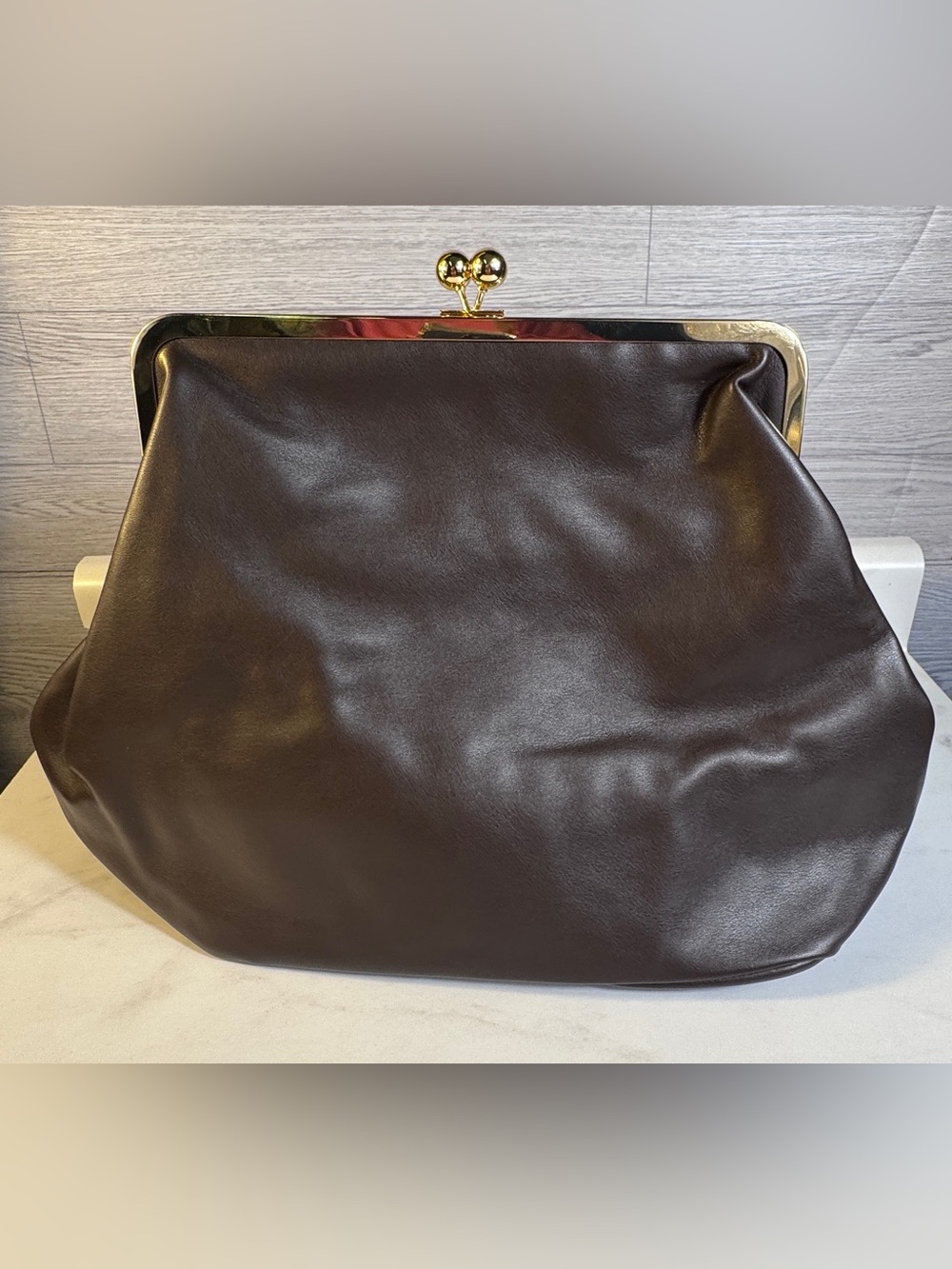 Vintage Inspired Oversized Kiss Lock Frame Bag Slouchy Dark Brown Hobo Purse